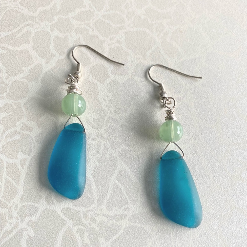 Blue cultured sea glass dangle earrings
